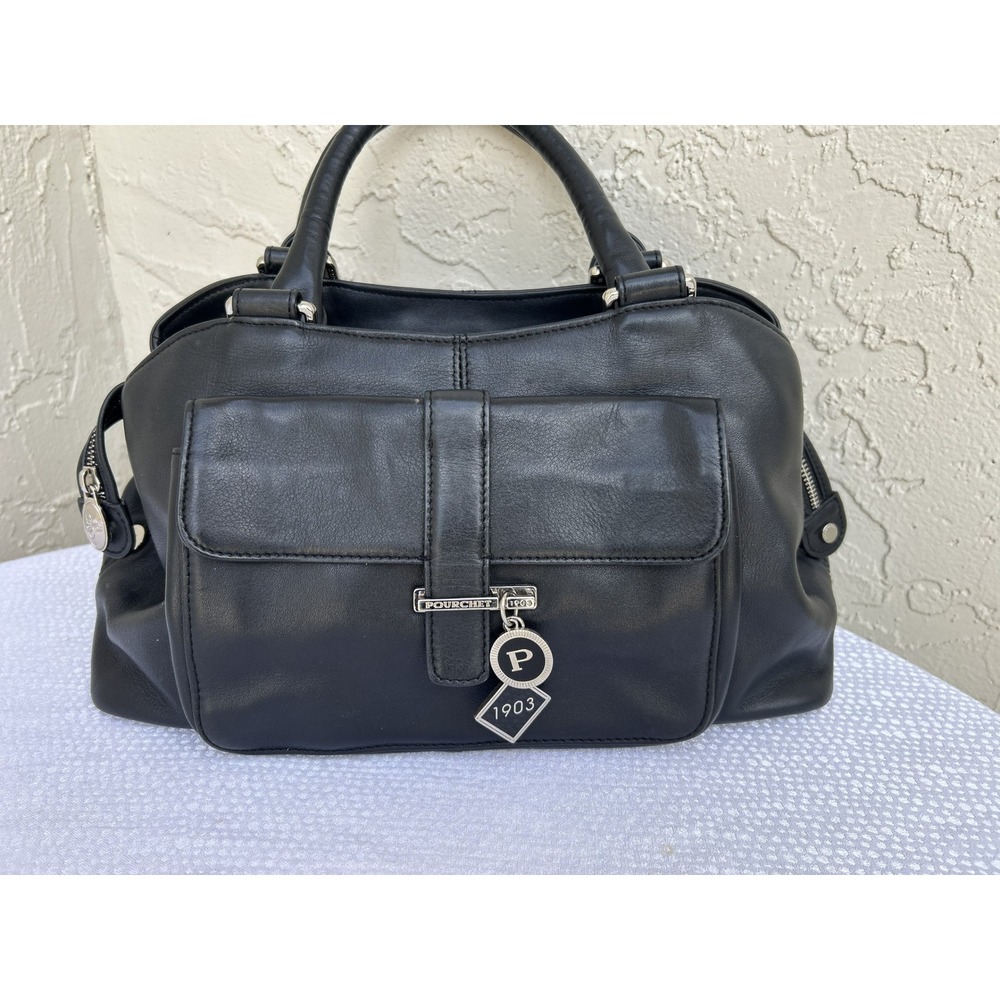 Pourchet Paris Black Leather Satchel Handbag Silver Hardware Red Lining